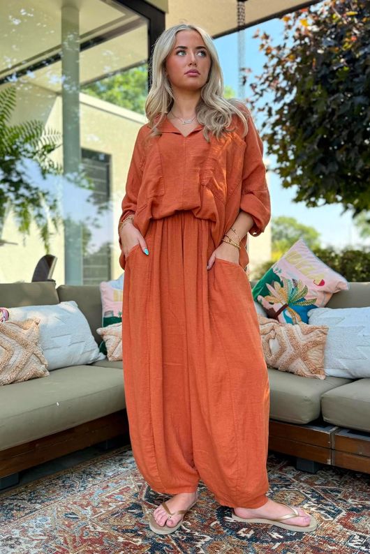 Sandbar Linen Blend Pop Over Shirt Rust